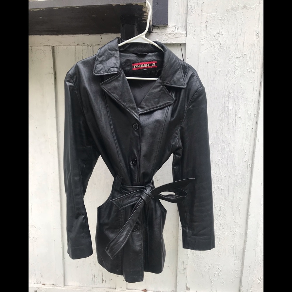 Black leather trench jacket. Women’s size Large.